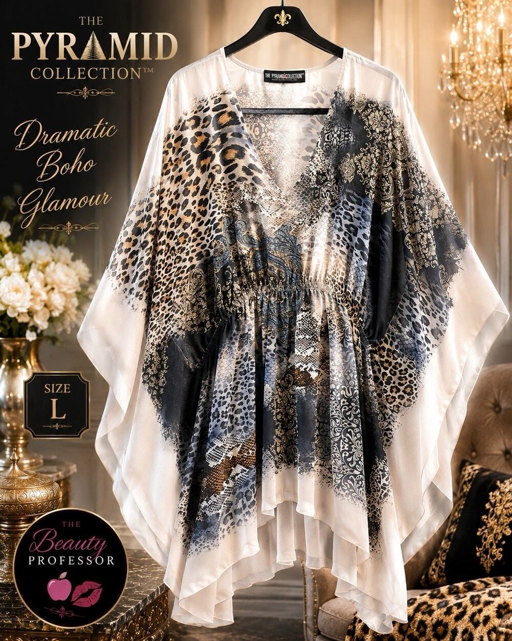 💞 Pyramid Collection Blouse L Animal Paisley Print Sheer Poncho Kaftan Top USA